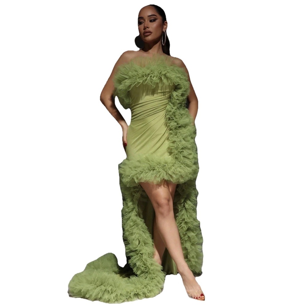 Fashion Nova Dominique Tulle Ruffle Hi Lo Dress Green Large SOLD OUT!!!!